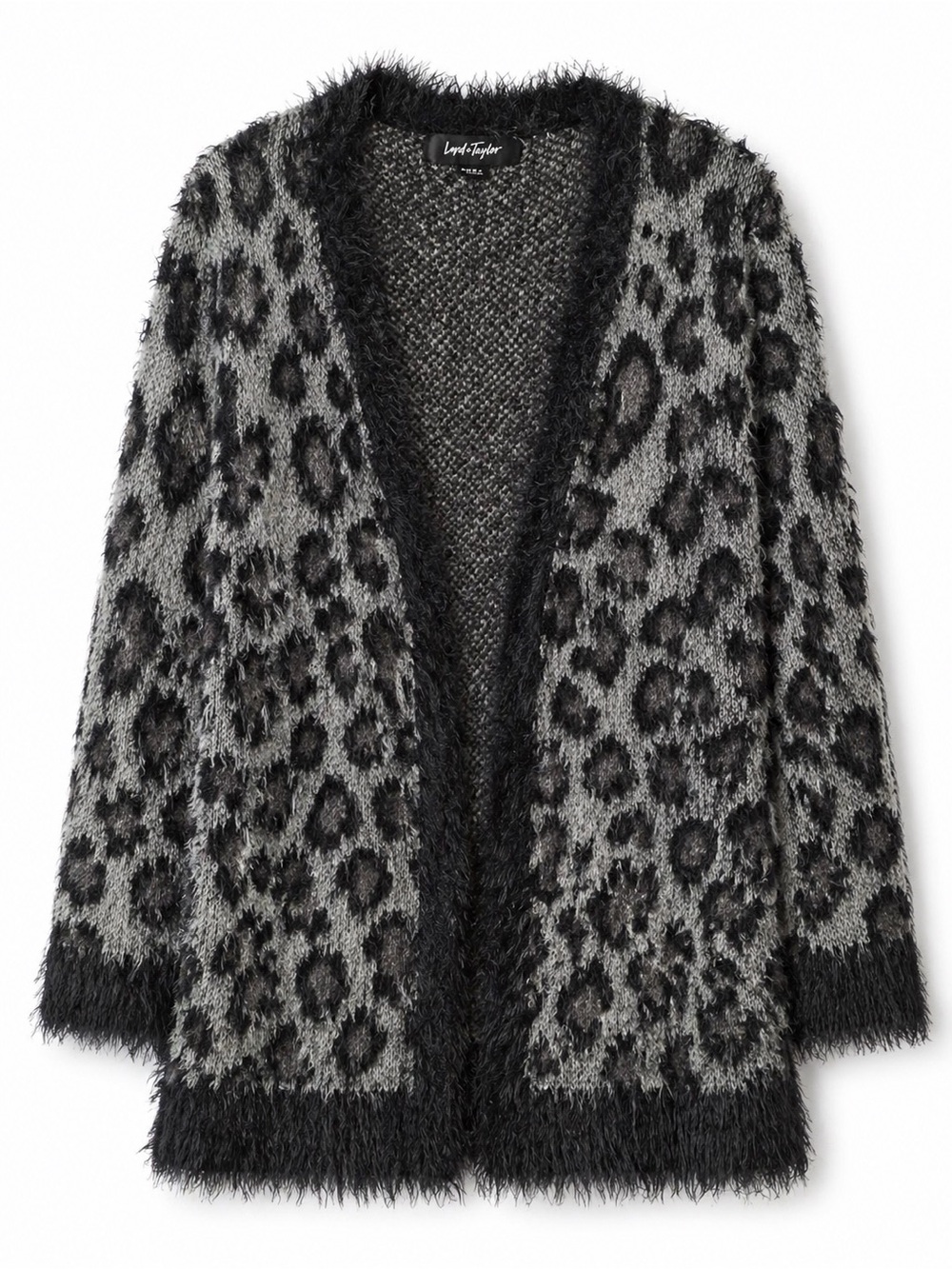 Lord & Taylor Grey and Black Fuzzy Leopard Open Cardigan